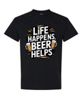 Life Happens Beer Helps T-Shirt in black with two beer mugs and bold white orange typography