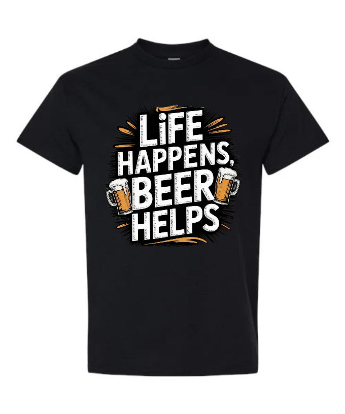 Life Happens Beer Helps T-Shirt in black with two beer mugs and bold white orange typography