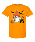 Chilling Ghost Halloween T-Shirt in orange with cute ghost in beanie holding pumpkin spice drink