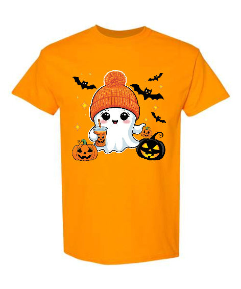 Chilling Ghost Halloween T-Shirt in orange with cute ghost in beanie holding pumpkin spice drink