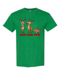Drink Drank Drunk Reindeer Christmas T-Shirt in green with three cartoon reindeer and bold red holiday typography