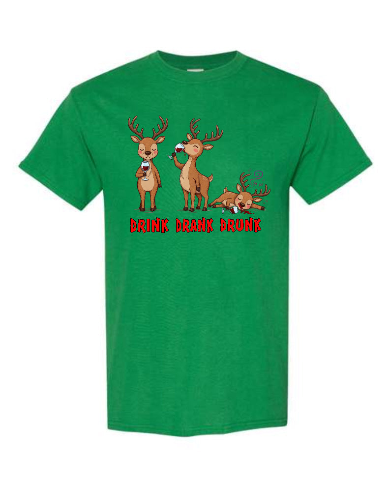 Drink Drank Drunk Reindeer Christmas T-Shirt in green with three cartoon reindeer and bold red holiday typography