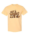 Got Wood? T-Shirt in butter yellow with cartoon termites and bold 3D wood typography