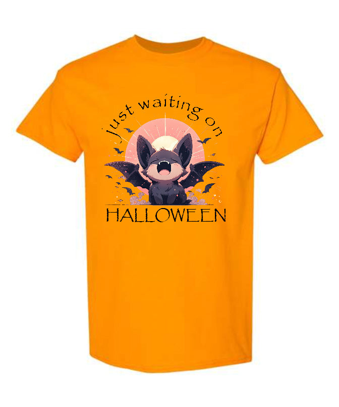 Just Waiting on Halloween adult T-Shirt in orange with cute bat graphic