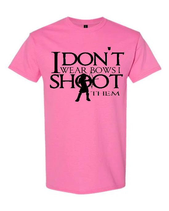 I Don't Wear Bows I Shoot Them T-Shirt in pink with female archer silhouette and bold black typography