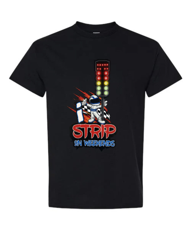 I Strip on Weekends drag racing T-Shirt in black with race suit astronaut Christmas tree and checkered flag