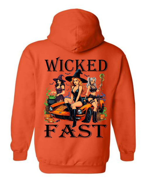 Wicked Fast Halloween Hoodie in orange with three witches and muscle car full back print