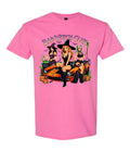 Bad Witch Club Halloween T-Shirt in pink with three witches on orange muscle car graphic