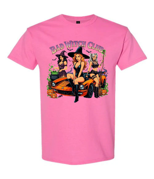 Bad Witch Club Halloween T-Shirt in pink with three witches on orange muscle car graphic