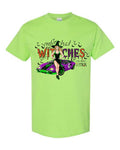 Only Bad Witches Can Drive a Stick Halloween T-Shirt in lime green with purple sports car