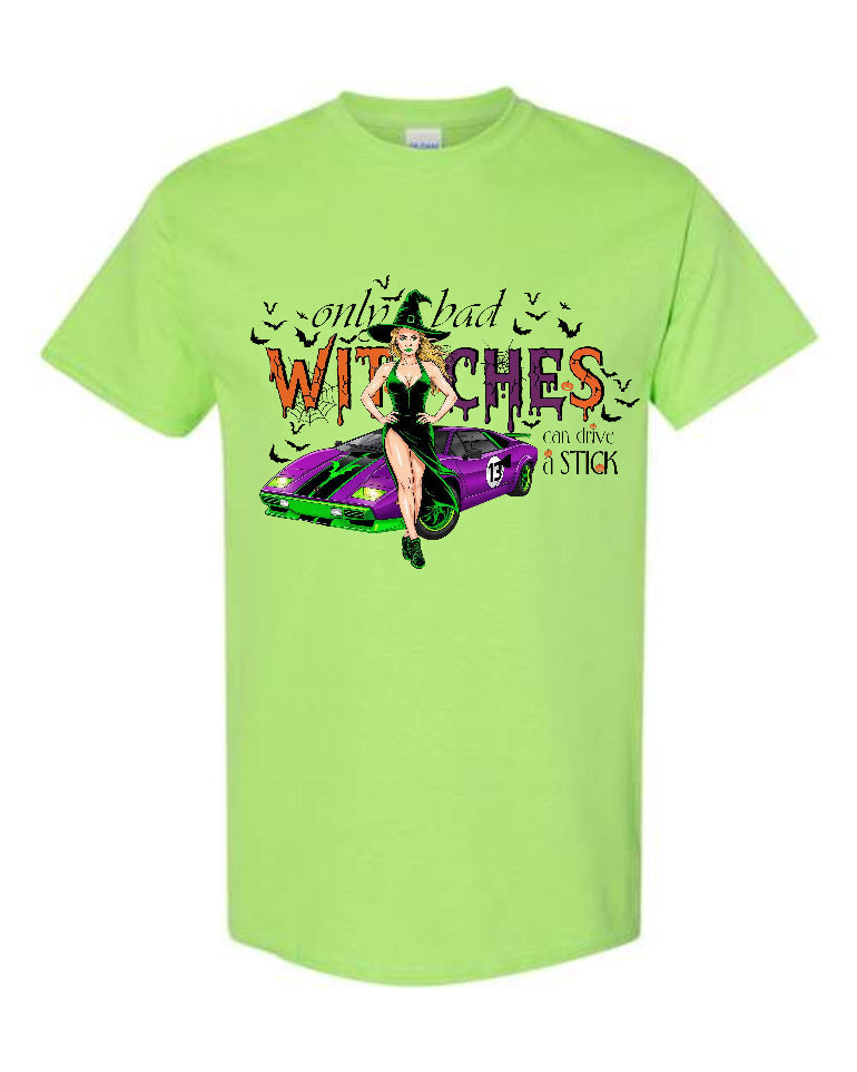 Only Bad Witches Can Drive a Stick Halloween T-Shirt in lime green with purple sports car