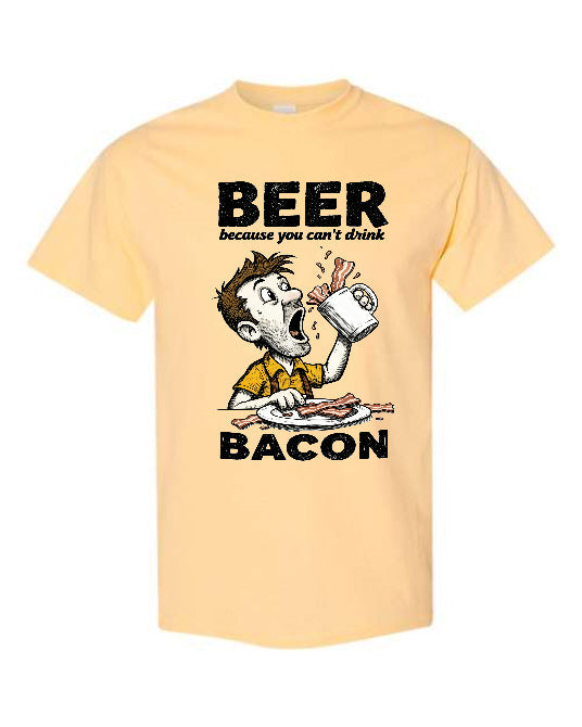 Beer Because You Can't Drink Bacon T-Shirt in butter yellow with cartoon guy chugging beer over bacon