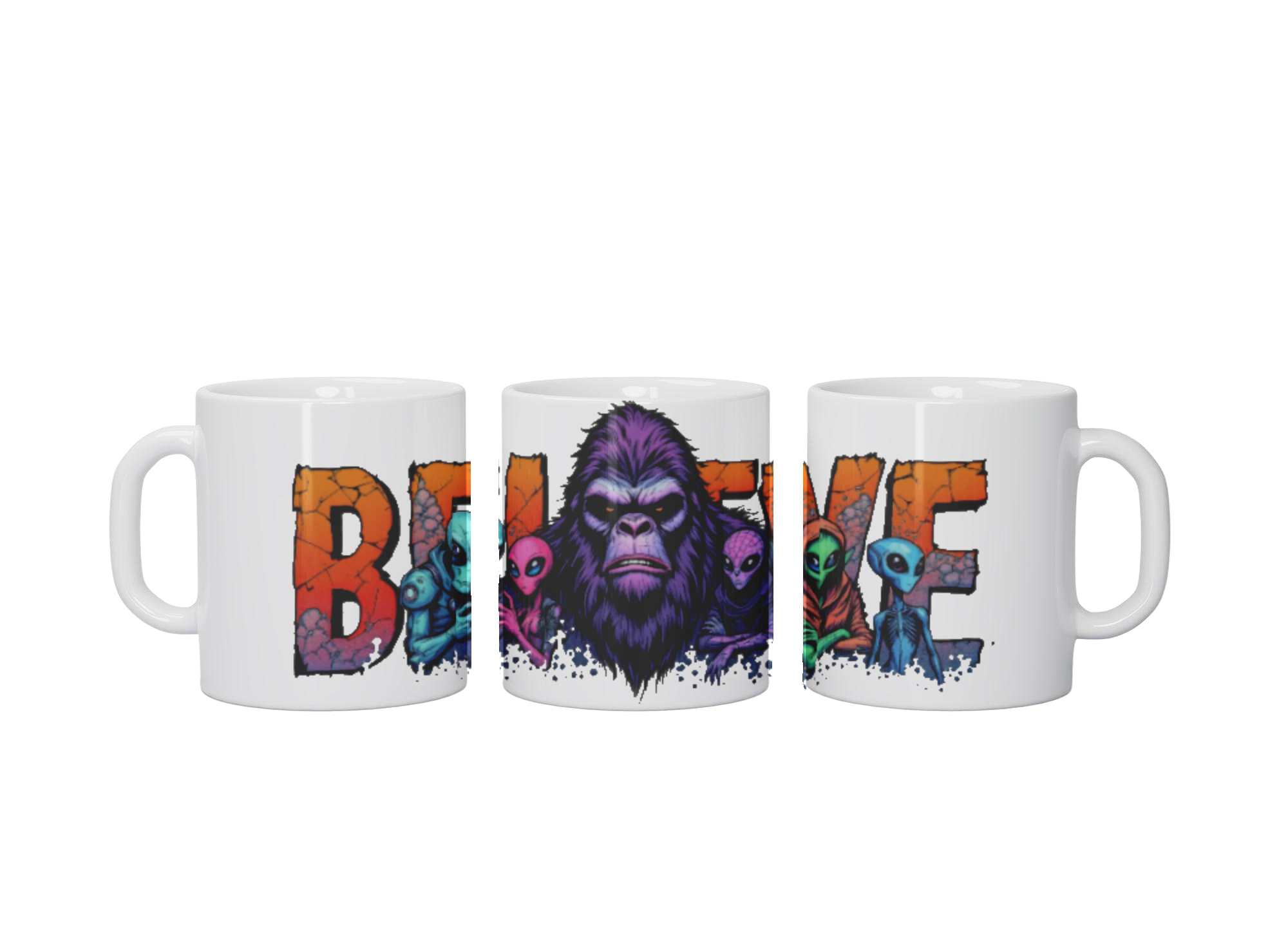 Believe 11oz Ceramic Coffee Mug with Bigfoot and alien design