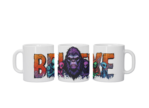 Believe 11oz Ceramic Coffee Mug with Bigfoot and alien design