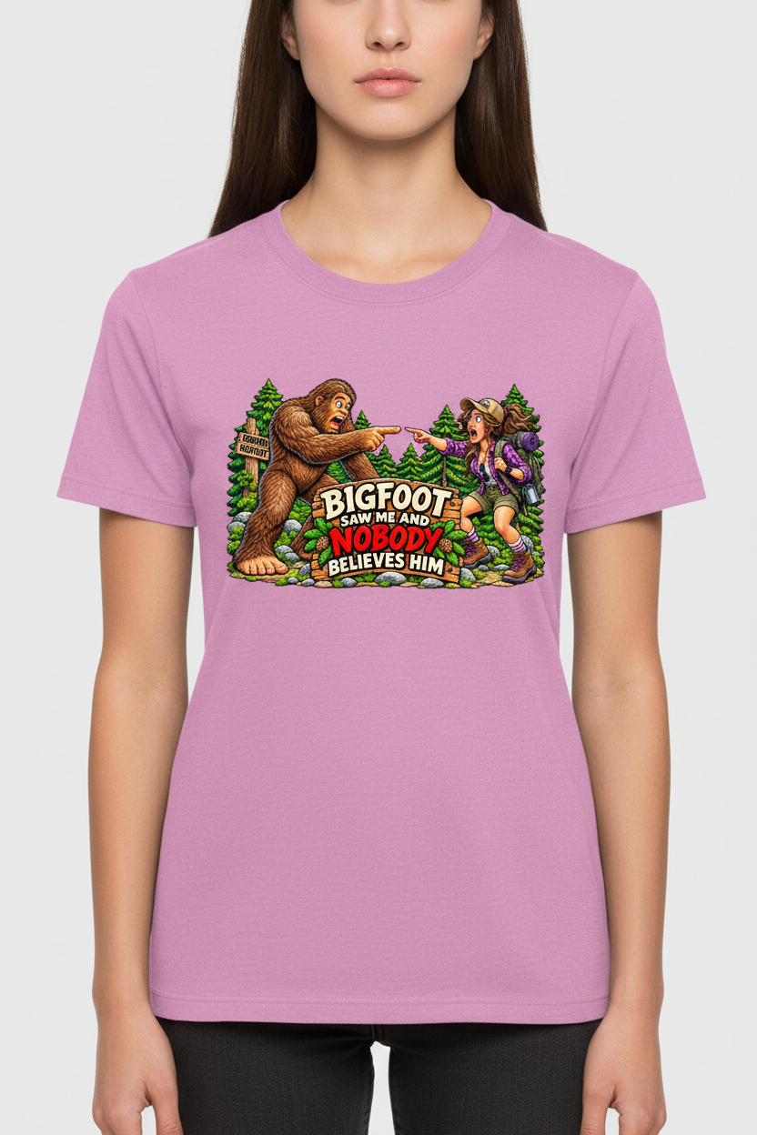 Bigfoot Saw Me - Gildan Azalea Female Model Mockup