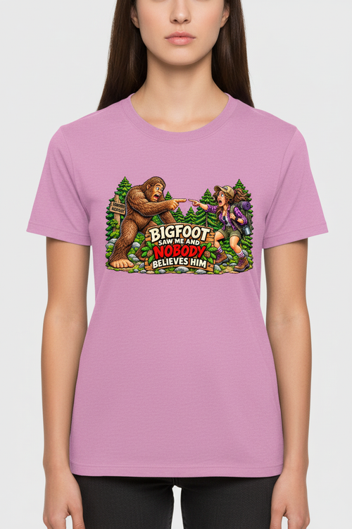 Bigfoot Saw Me - Gildan Azalea Female Model Mockup