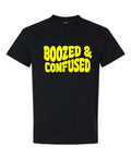 Boozed and Confused T-Shirt in black with bold yellow retro bubble typography