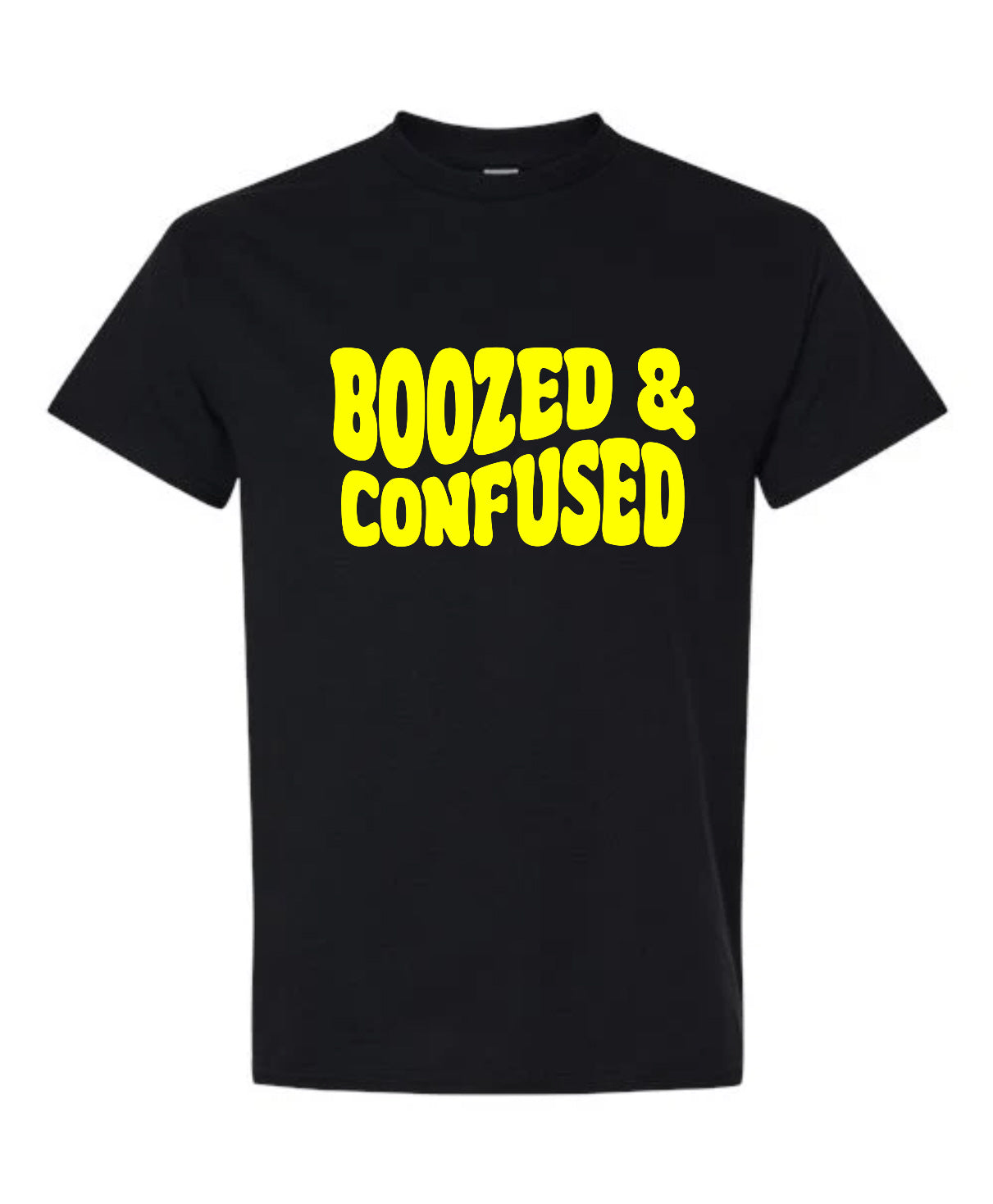 Boozed and Confused T-Shirt in black with bold yellow retro bubble typography