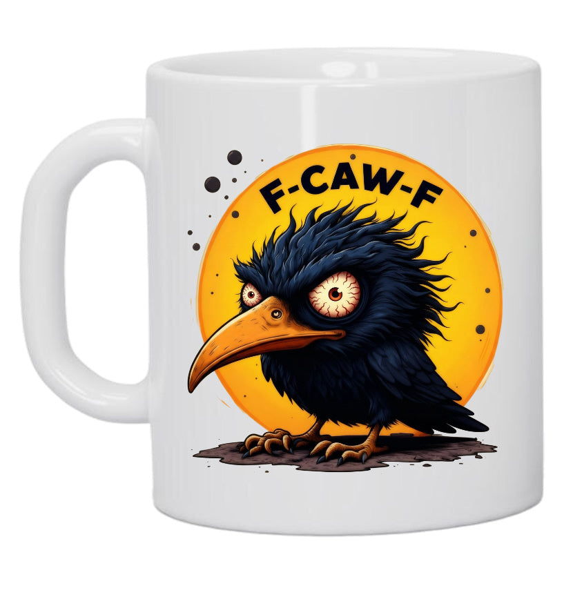 F-CAW-F 11oz Ceramic Coffee Mug with grumpy crow and orange moon design