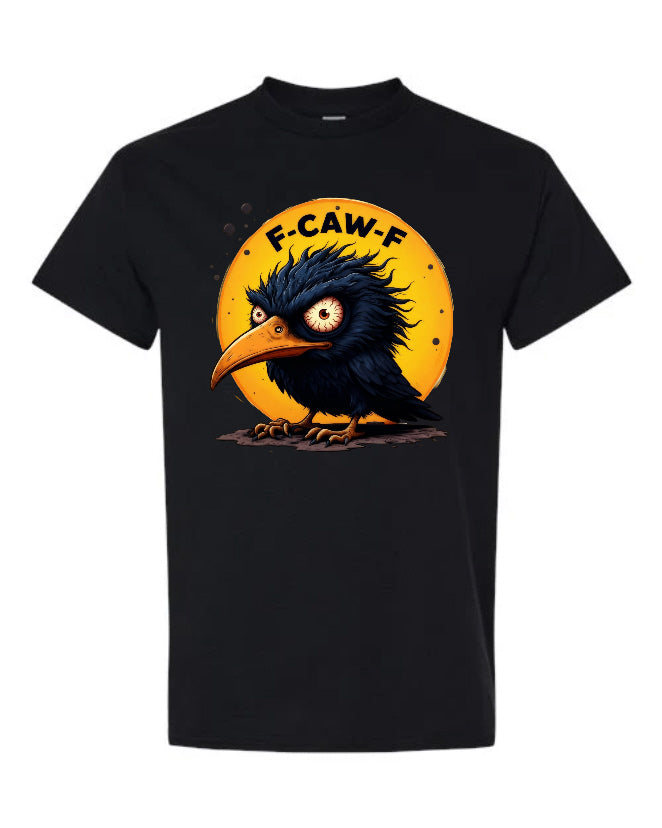 F-CAW-F T-Shirt in white with unhinged crow and orange moon graphic