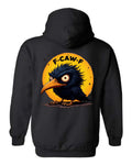 F-CAW-F Halloween Hoodie in black with unhinged crow and orange moon full back print