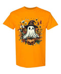 Floral Boo Halloween T-Shirt in orange with ghost in witch hat and autumn flowers on pumpkin