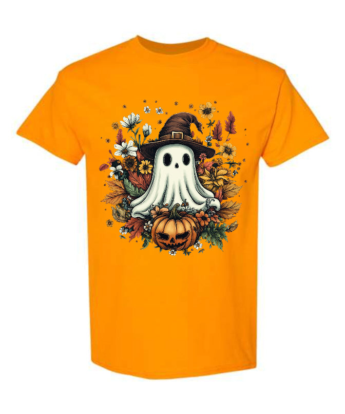 Floral Boo Halloween T-Shirt in orange with ghost in witch hat and autumn flowers on pumpkin