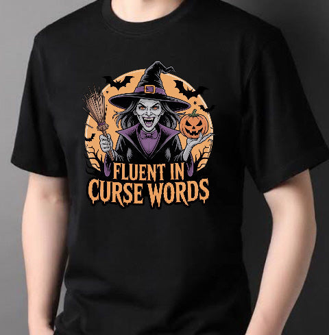 Fluent in Curse Words Halloween T-Shirt in black with cackling witch and pumpkin graphic