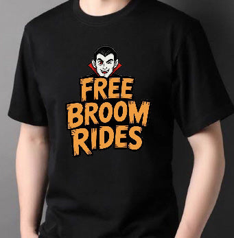 Free Broom Rides Halloween T-Shirt in black with Dracula and orange typography