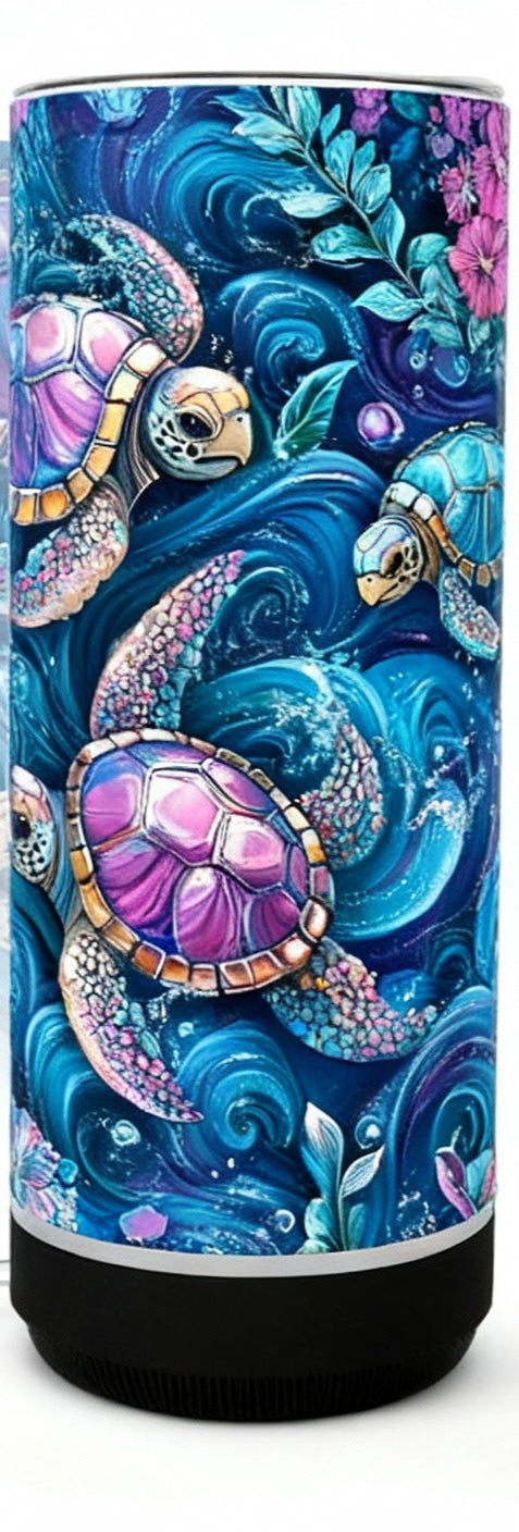 Mystic Tides 20oz Bluetooth Travel Mug with iridescent sea turtles and ocean wave design