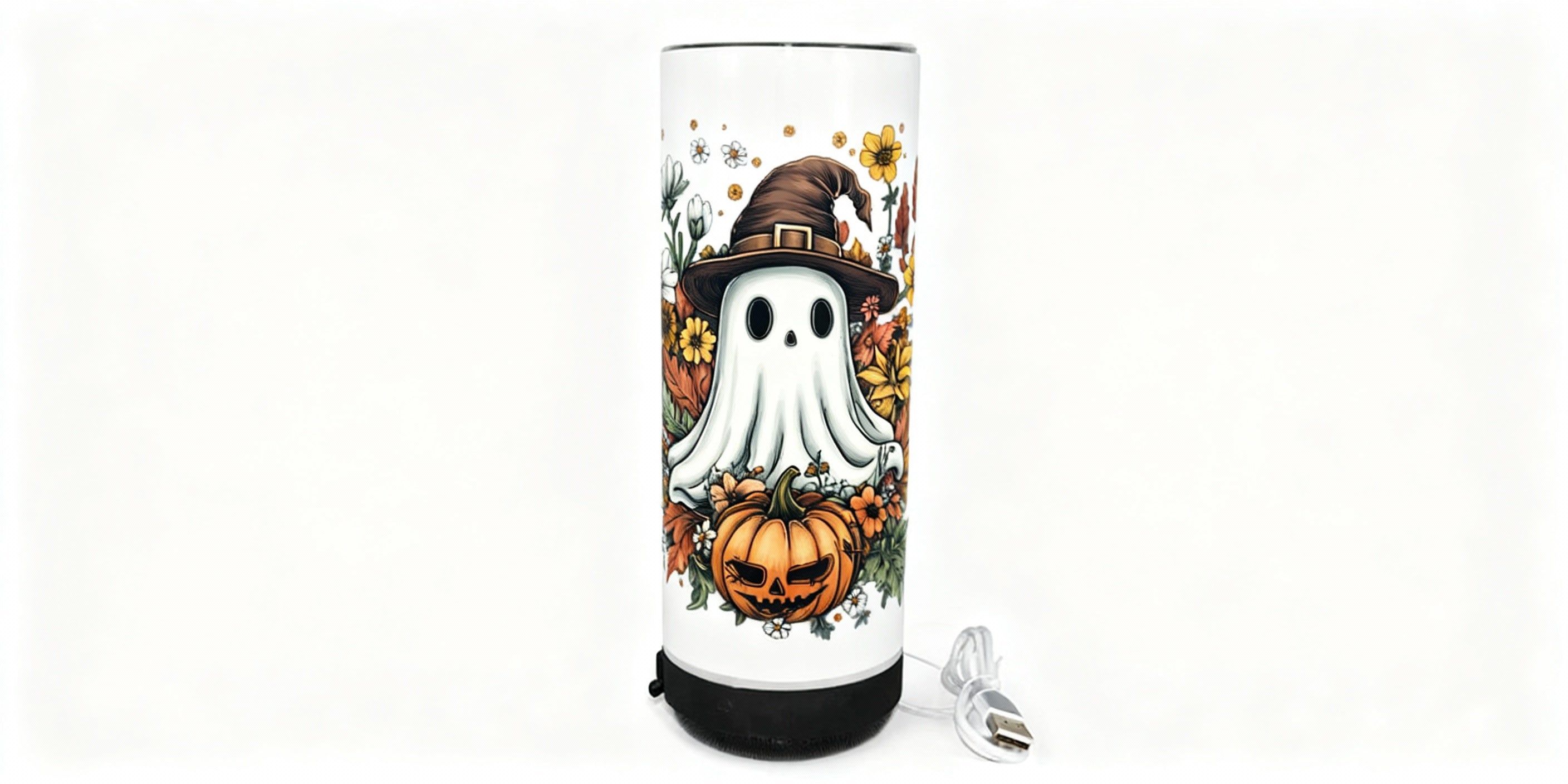Witchy Ghost Halloween 20oz Bluetooth Travel Mug with fall floral design and jack-o-lantern