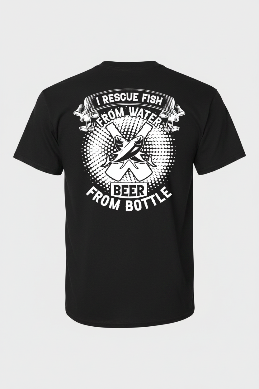 I Rescue Fish From Water Beer From Bottle on black t-shirt back