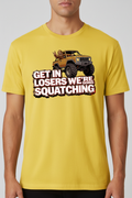 Get In Losers We're Going Squatching yellow T-Shirt on male model