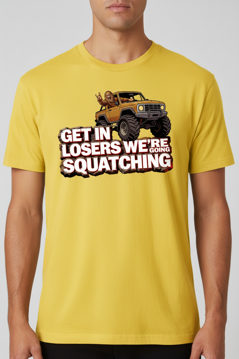 Get In Losers We're Going Squatching yellow T-Shirt on male model