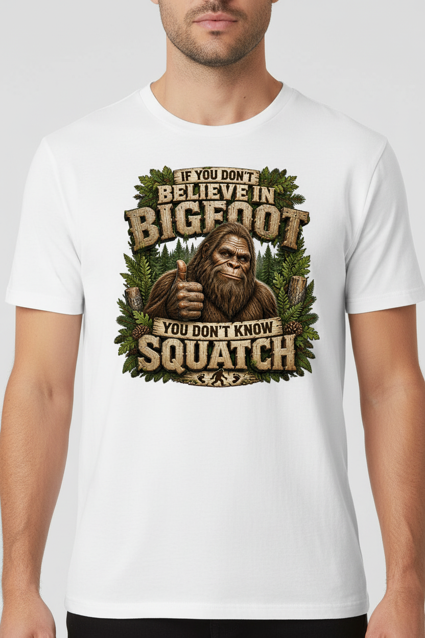Don't Know Squatch on White t-shirt