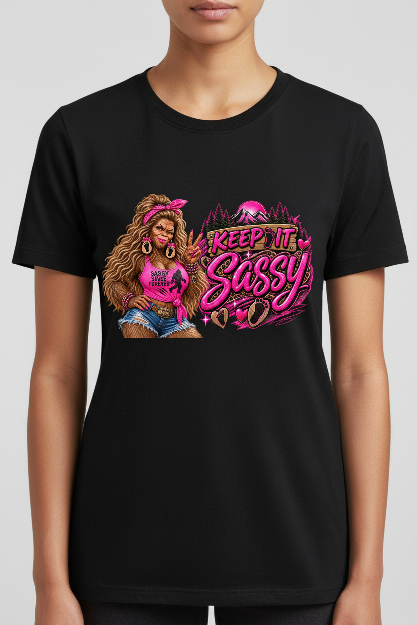 Keep It Sassy on black t-shirt female model