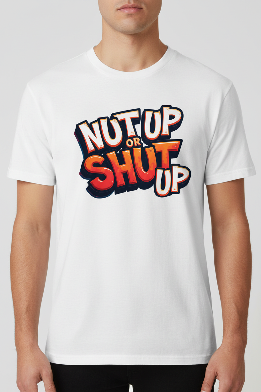 Nut Up or Shut Up on white t-shirt
