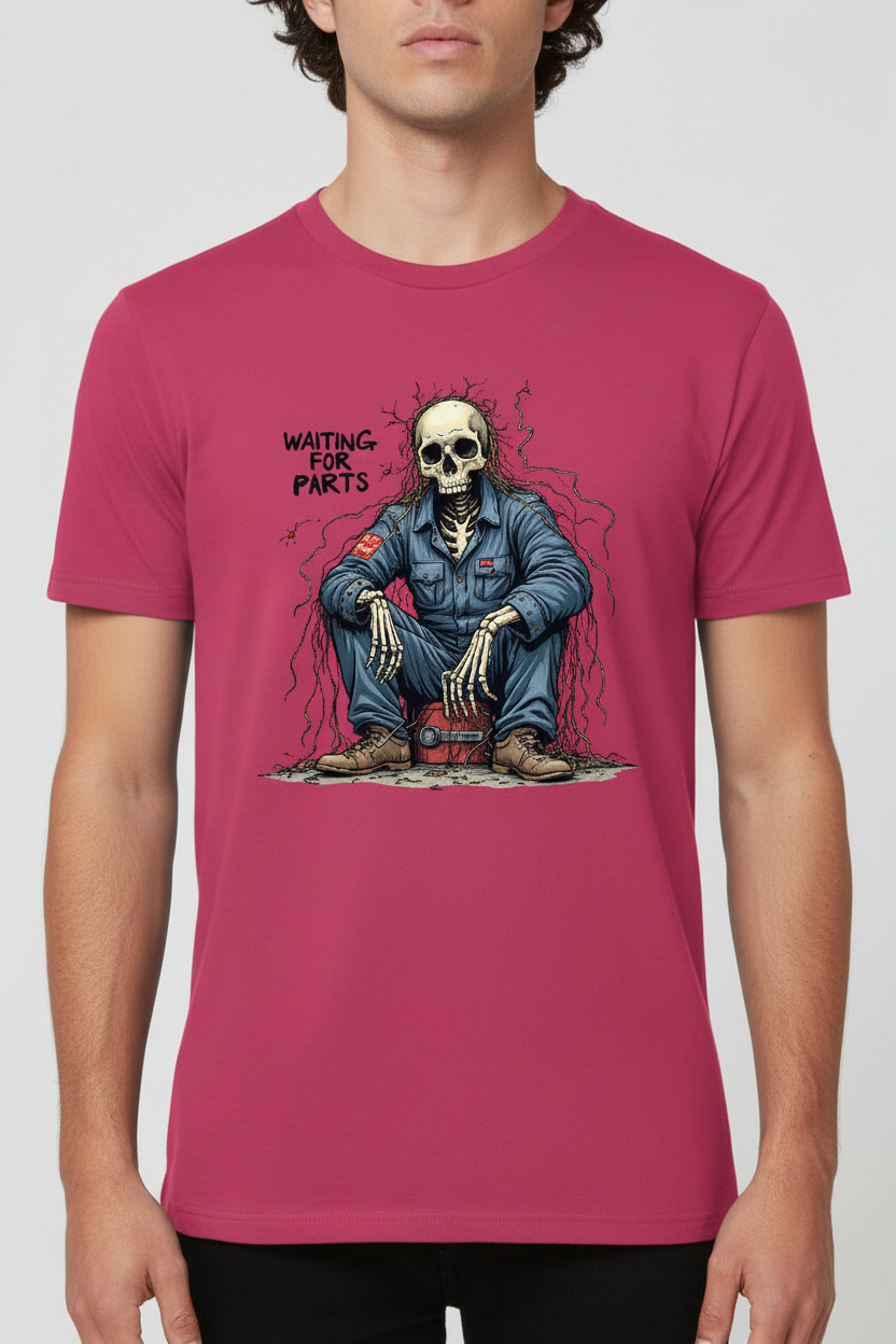 Waiting for Parts on dark pink t-shirt