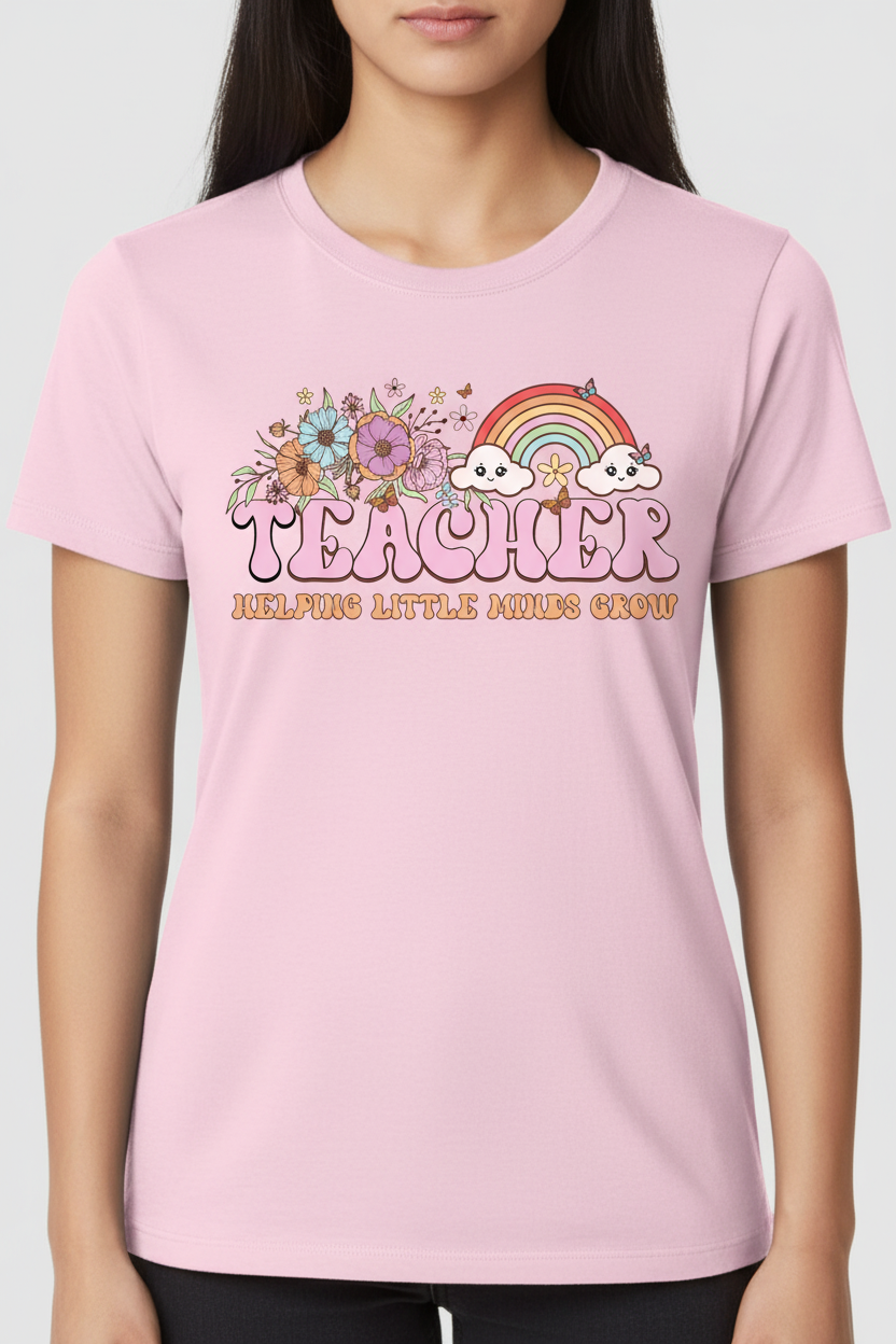 Teacher Helping Little Minds Grow on light pink t-shirt