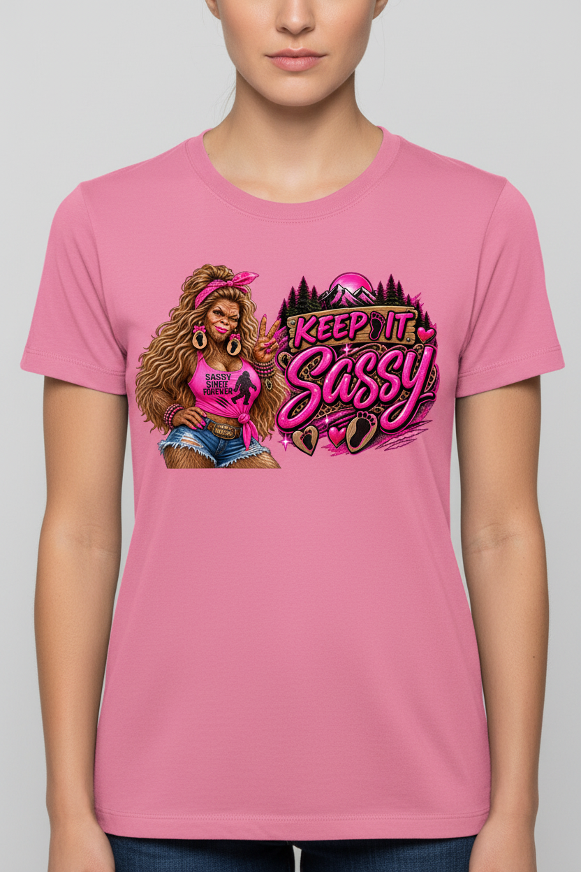 Keep It Sassy on pink t-shirt female model