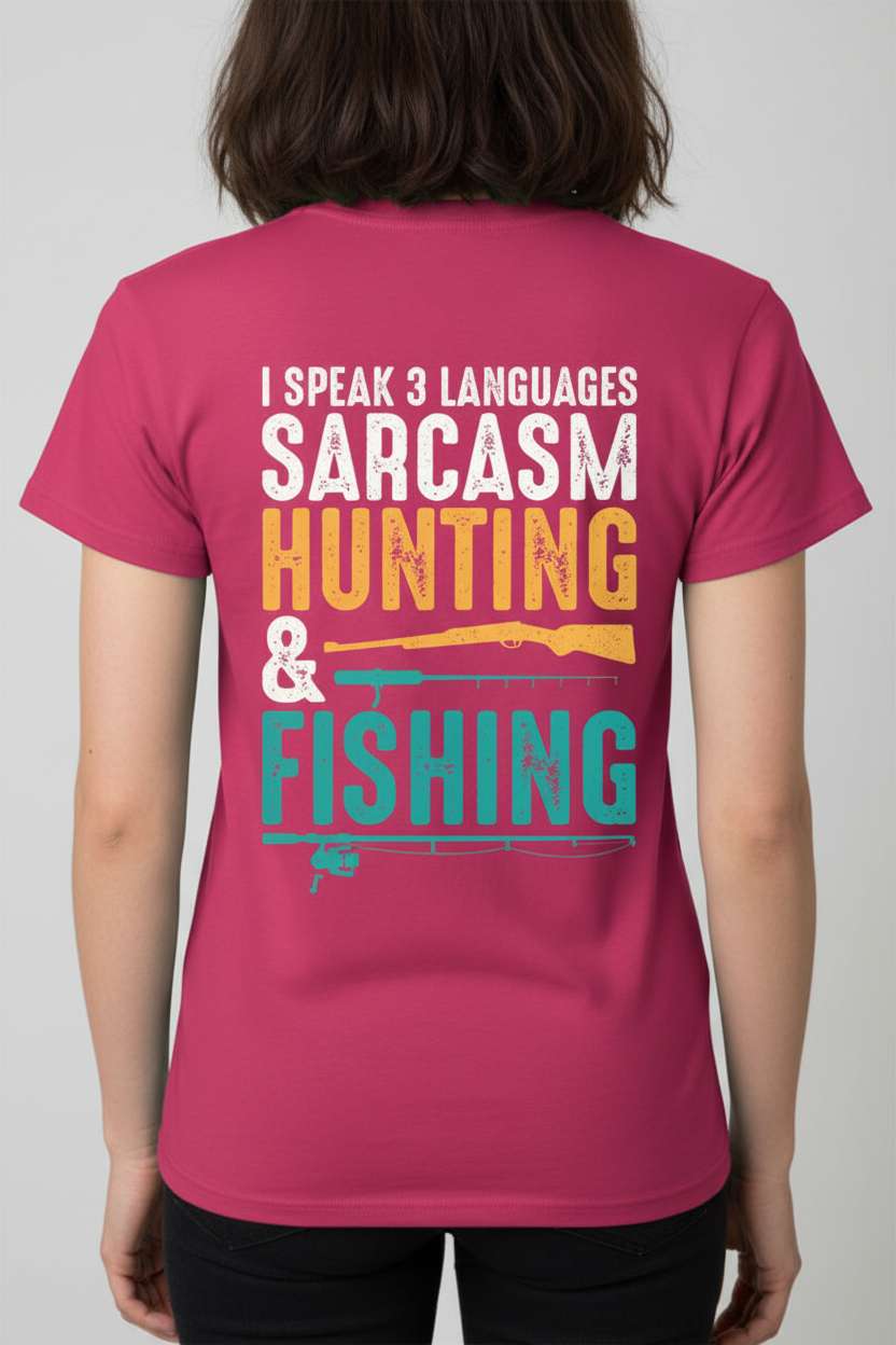 I Speak 3 Languages on dark pink t-shirt back