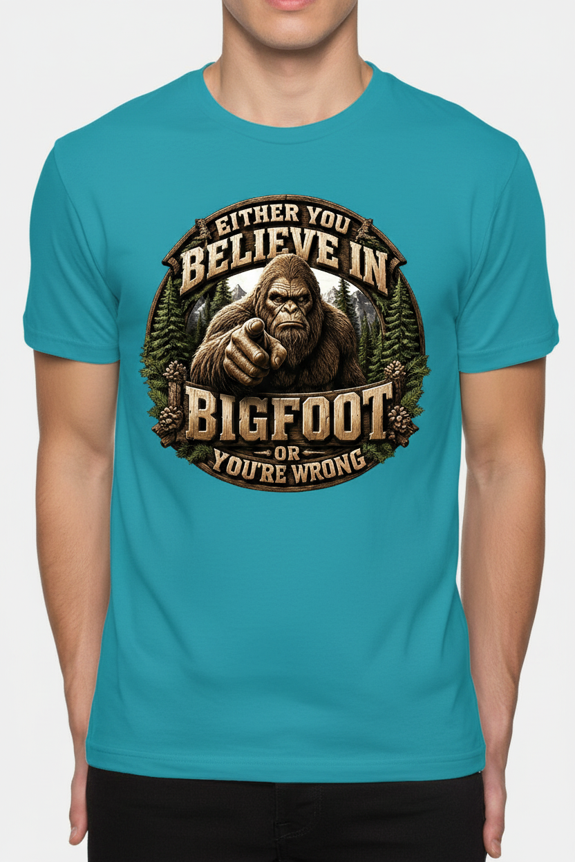 Either You Believe in Bigfoot on Gildan tropical blue t-shirt
