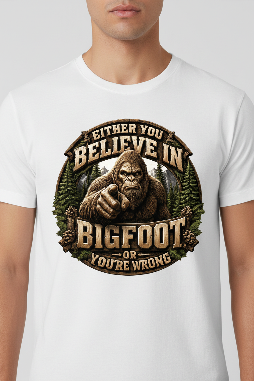 Either You Believe in Bigfoot on white t-shirt