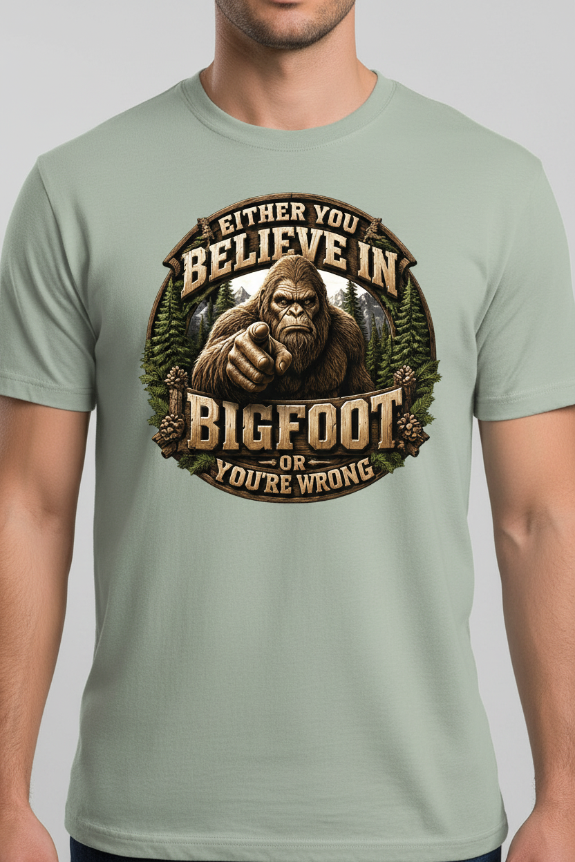 Either You Believe in Bigfoot on light green t-shirt