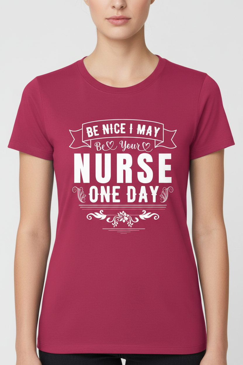 Be Nice I May Be Your Nurse One Day on dark pink t-shirt