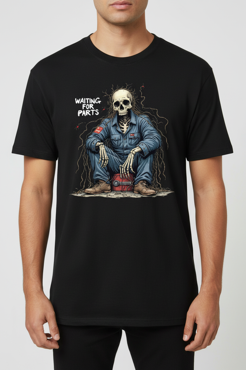 Waiting for Parts on black t-shirt