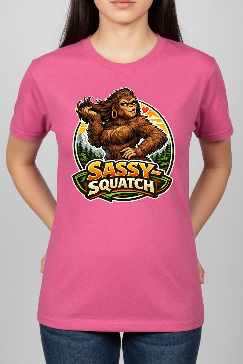 Sassy-Squatch on pink t-shirt