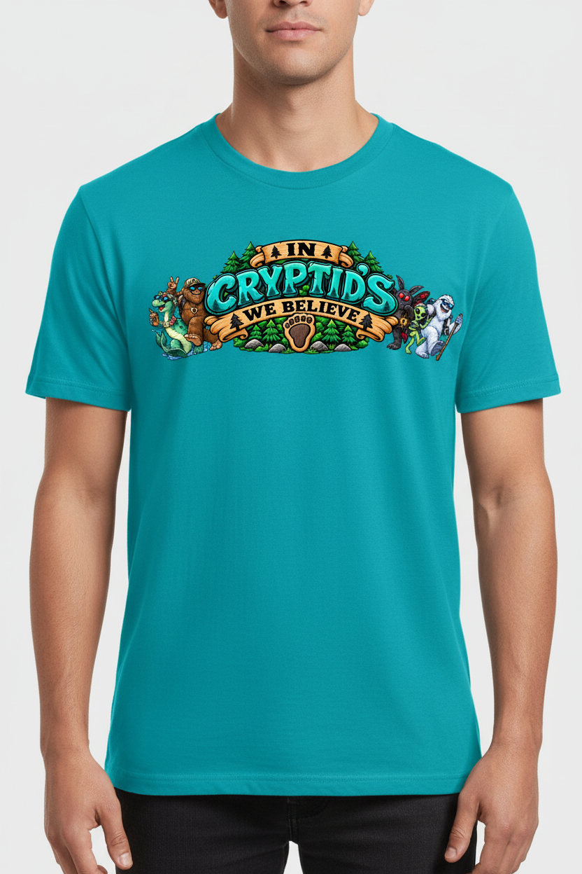 In Cryptid's We Believe on tropical blue t-shirt