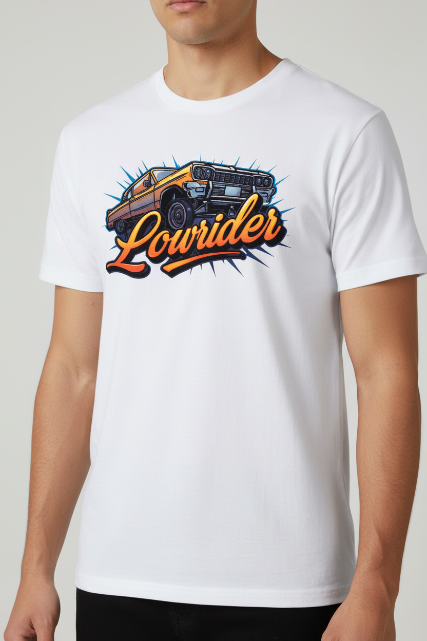 Lowrider on white t-shirt