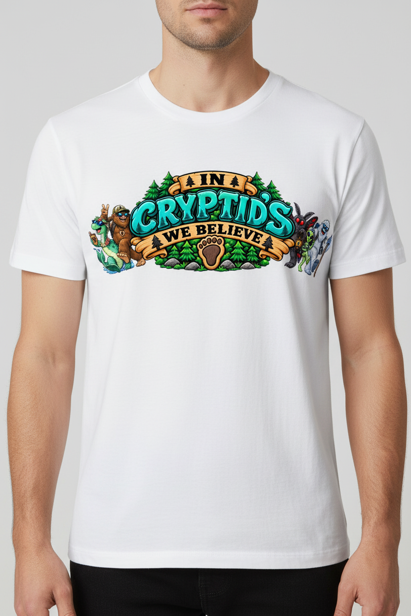 In Cryptid's We Believe on white t-shirt